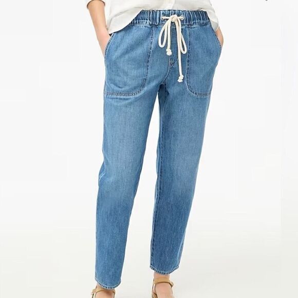 J Crew Drawstring Denim Pants Ankle Straight Leg Size 28 Waist Nautical Preppy - Picture 1 of 8